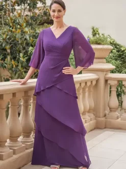 Robe de soirée pour mère de la mariée col en v manches courtes ligne a volants longueur au sol robes d'invitées de mariage