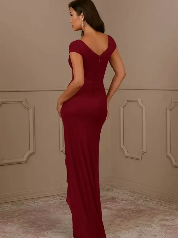 Robe de soirée pour mère de la mariée col en v manches courtes sirène plissée robes d'invitées pour mariage