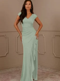 Robe de soirée pour mère de la mariée col en v manches courtes sirène plissée robes d'invitées pour mariage