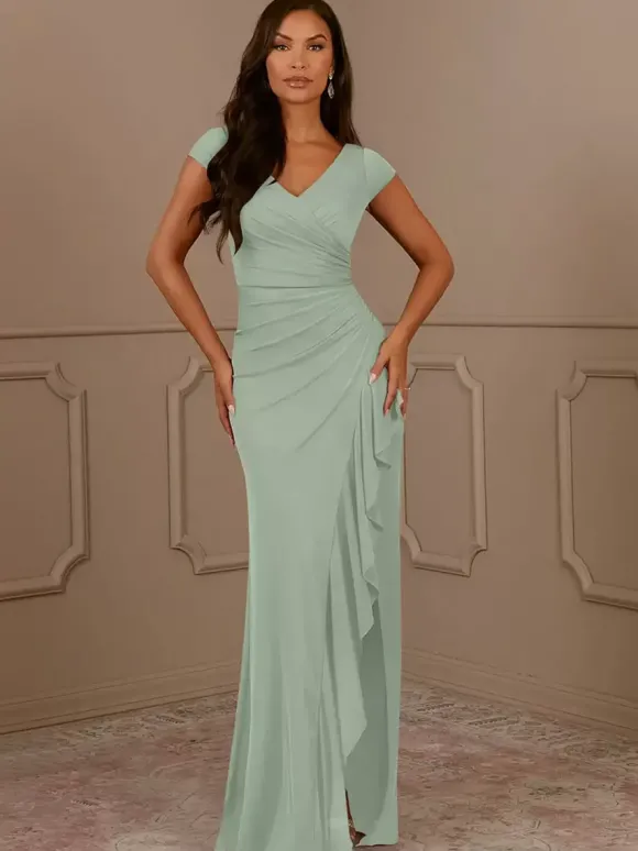 Robe de soirée pour mère de la mariée col en v manches courtes sirène plissée robes d'invitées pour mariage