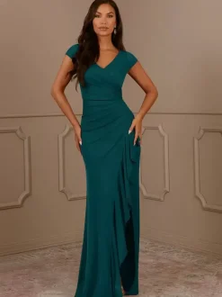 Robe de soirée pour mère de la mariée col en v manches courtes sirène plissée robes d'invitées pour mariage