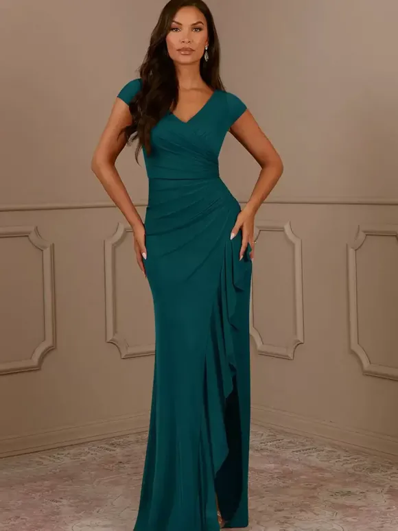 Robe de soirée pour mère de la mariée col en v manches courtes sirène plissée robes d'invitées pour mariage
