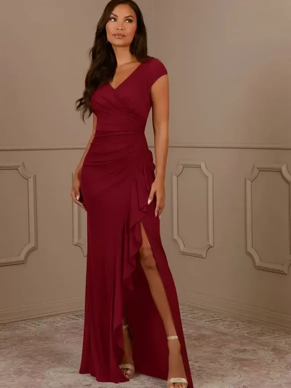 Robe de soirée pour mère de la mariée col en v manches courtes sirène plissée robes d'invitées pour mariage