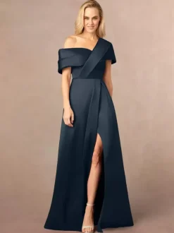 Robe de soirée pour mère de la mariée asymétrique épaule dénudée manches courtes ligne a fendue sur le devant longueur au sol robes d'invitées de mariage