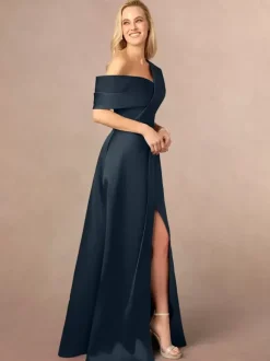 Robe de soirée pour mère de la mariée asymétrique épaule dénudée manches courtes ligne a fendue sur le devant longueur au sol robes d'invitées de mariage