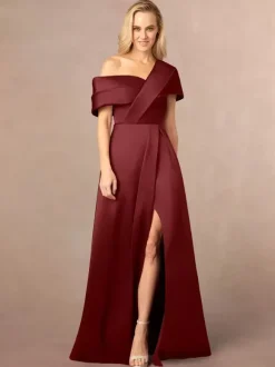Robe de soirée pour mère de la mariée asymétrique épaule dénudée manches courtes ligne a fendue sur le devant longueur au sol robes d'invitées de mariage