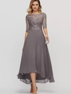 Robe de soirée pour mère de la mariée col bijou demi-manches ligne a robes d'invitées de mariage en dentelle