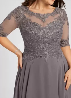 Robe de soirée pour mère de la mariée col bijou demi-manches ligne a robes d'invitées de mariage en dentelle