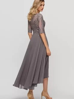 Robe de soirée pour mère de la mariée col bijou demi-manches ligne a robes d'invitées de mariage en dentelle