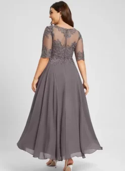 Robe de soirée pour mère de la mariée col bijou demi-manches ligne a robes d'invitées de mariage en dentelle