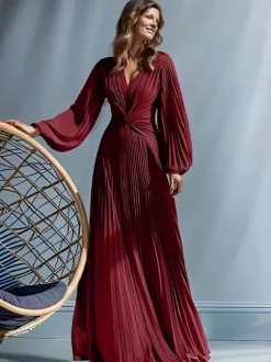 Robe de soirée pour mère de la mariée col en v manches longues ligne a plissée longueur au sol robes d'invitées pour mariage