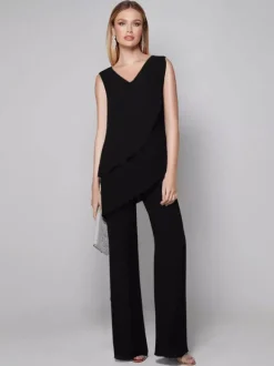 Robe de soirée pour mère de la mariée combinaison sans manches col en v longueur au sol robes d'invitées pour mariage