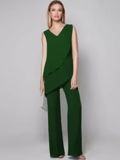 Robe de soirée pour mère de la mariée combinaison sans manches col en v longueur au sol robes d'invitées pour mariage