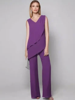Robe de soirée pour mère de la mariée combinaison sans manches col en v longueur au sol robes d'invitées pour mariage
