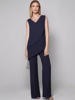 Robe de soirée pour mère de la mariée combinaison sans manches col en v longueur au sol robes d'invitées pour mariage