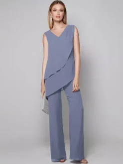 Robe de soirée pour mère de la mariée combinaison sans manches col en v longueur au sol robes d'invitées pour mariage