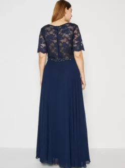 Robe de soirée pour mère de la mariée col bijou manches courtes ligne a robes d'invitées de mariage en dentelle