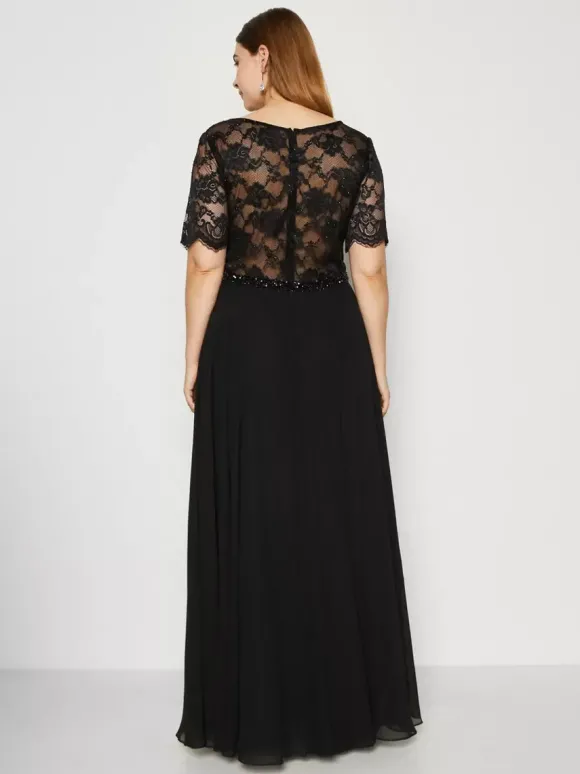 Robe de soirée pour mère de la mariée col bijou manches courtes ligne a robes d'invitées de mariage en dentelle