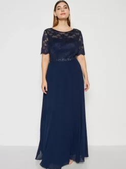 Robe de soirée pour mère de la mariée col bijou manches courtes ligne a robes d'invitées de mariage en dentelle