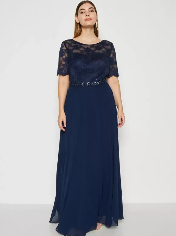 Robe de soirée pour mère de la mariée col bijou manches courtes ligne a robes d'invitées de mariage en dentelle