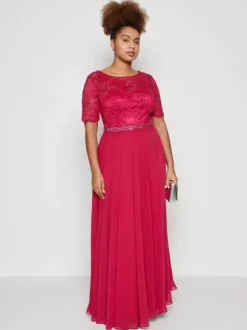 Robe de soirée pour mère de la mariée col bijou manches courtes ligne a robes d'invitées de mariage en dentelle