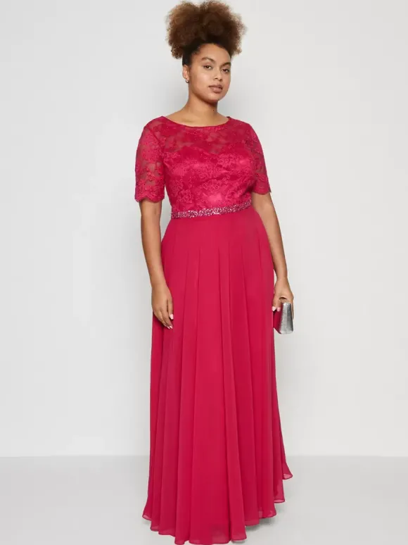 Robe de soirée pour mère de la mariée col bijou manches courtes ligne a robes d'invitées de mariage en dentelle