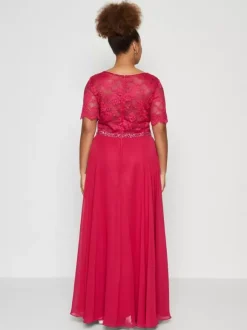 Robe de soirée pour mère de la mariée col bijou manches courtes ligne a robes d'invitées de mariage en dentelle
