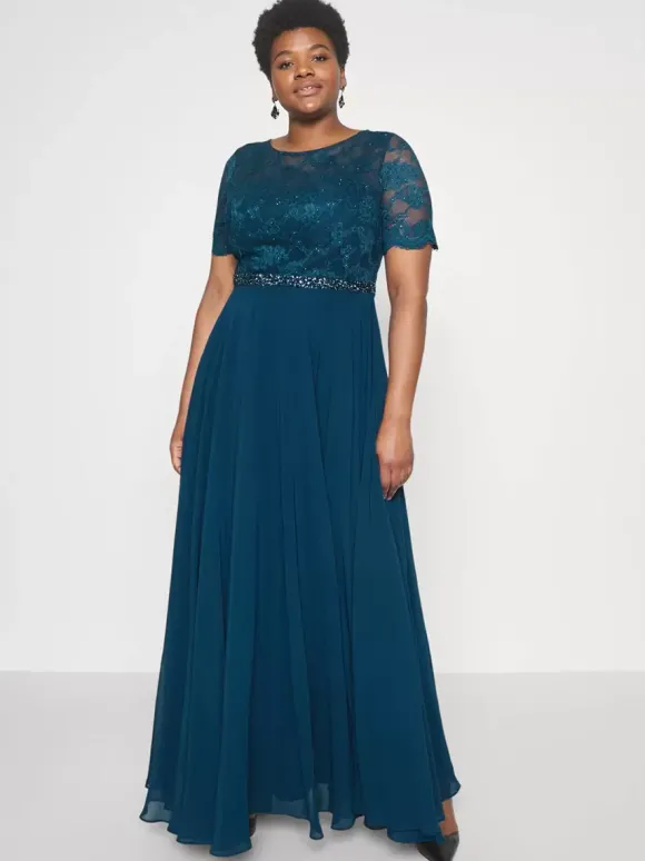 Robe de soirée pour mère de la mariée col bijou manches courtes ligne a robes d'invitées de mariage en dentelle