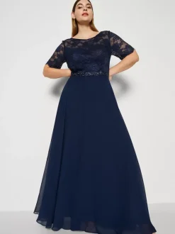 Robe de soirée pour mère de la mariée col bijou manches courtes ligne a robes d'invitées de mariage en dentelle