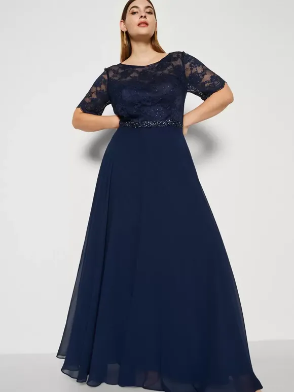 Robe de soirée pour mère de la mariée col bijou manches courtes ligne a robes d'invitées de mariage en dentelle