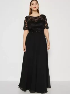 Robe de soirée pour mère de la mariée col bijou manches courtes ligne a robes d'invitées de mariage en dentelle