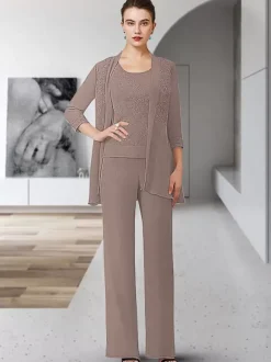 Robe de soirée pour mère de la mariée col bijou manches 3/4 gaine en dentelle longueur au sol robes d'invitées pour mariage
