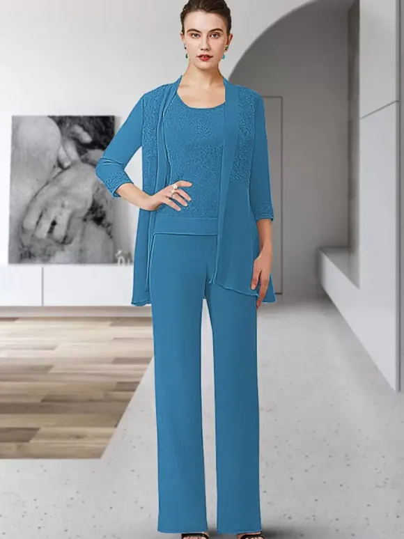 Robe de soirée pour mère de la mariée col bijou manches 3/4 gaine en dentelle longueur au sol robes d'invitées pour mariage