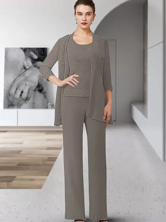 Robe de soirée pour mère de la mariée col bijou manches 3/4 gaine en dentelle longueur au sol robes d'invitées pour mariage