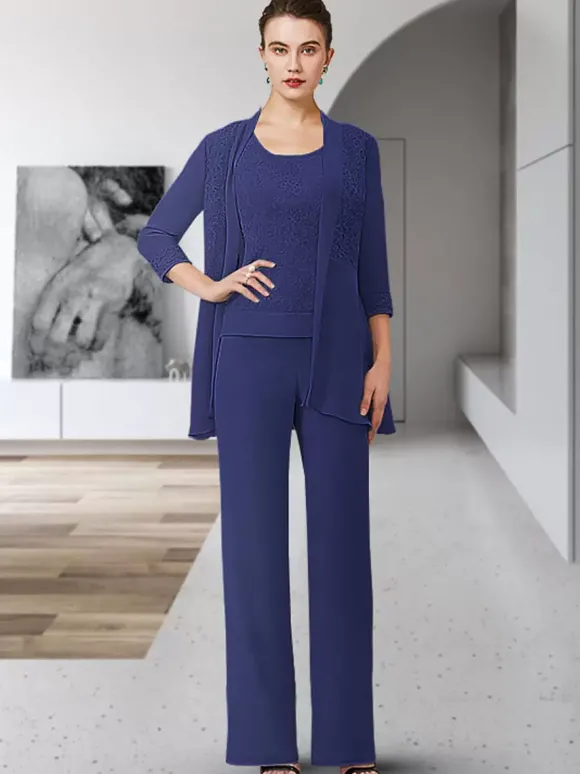 Robe de soirée pour mère de la mariée col bijou manches 3/4 gaine en dentelle longueur au sol robes d'invitées pour mariage