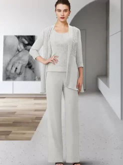 Robe de soirée pour mère de la mariée col bijou manches 3/4 gaine en dentelle longueur au sol robes d'invitées pour mariage