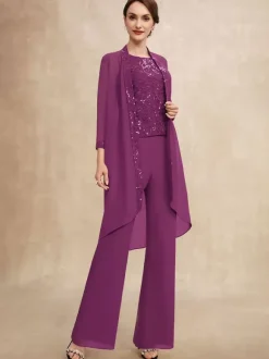 Robe de soirée pour mère de la mariée col bijou sans manches deux pièces paillettes robes d'invitées pour mariage