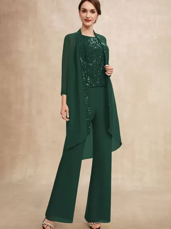 Robe de soirée pour mère de la mariée col bijou sans manches deux pièces paillettes robes d'invitées pour mariage