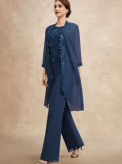 Robe de soirée pour mère de la mariée col bijou sans manches deux pièces paillettes robes d'invitées pour mariage