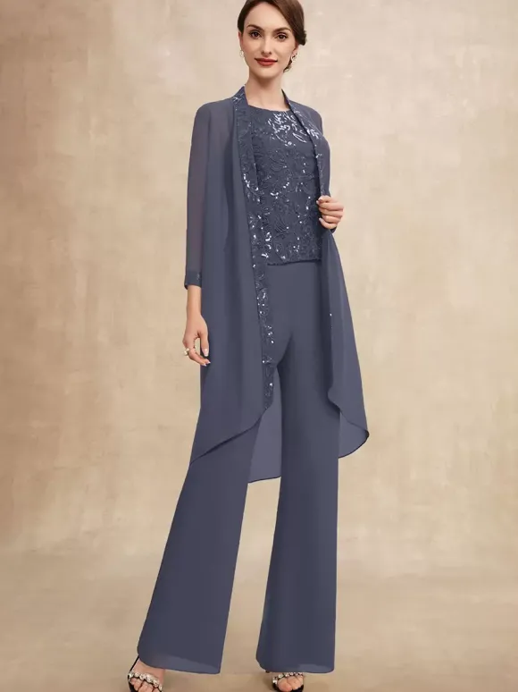 Robe de soirée pour mère de la mariée col bijou sans manches deux pièces paillettes robes d'invitées pour mariage