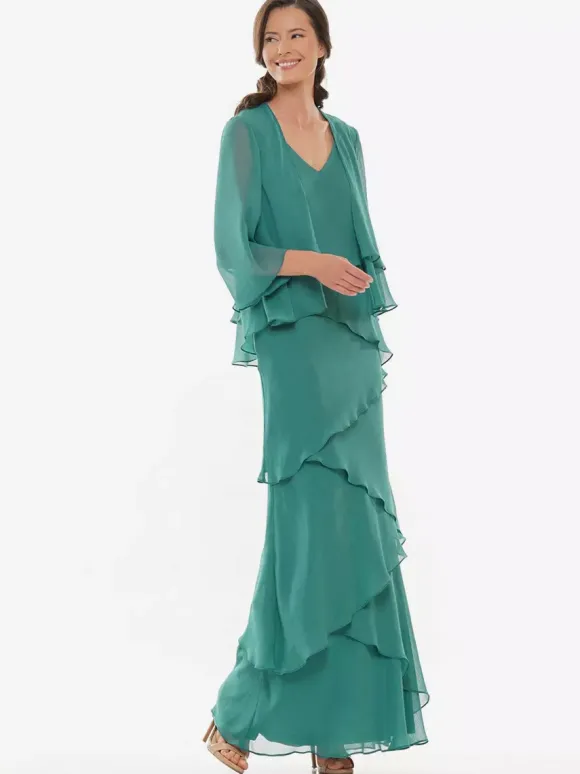 Robe de soirée pour mère de la mariée col en v sans manches ligne a à volants robes d'invitées de mariage
