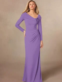 Robe de soirée pour mère de la mariée col en v manches longues sirène plissée longueur au sol robes d'invitées de mariage
