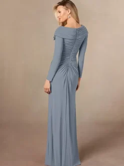 Robe de soirée pour mère de la mariée col en v manches longues sirène plissée longueur au sol robes d'invitées de mariage