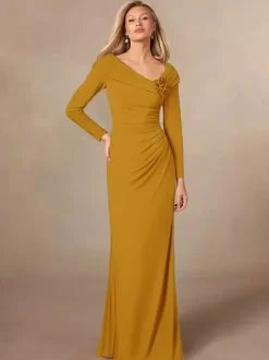 Robe de soirée pour mère de la mariée col en v manches longues sirène plissée longueur au sol robes d'invitées de mariage