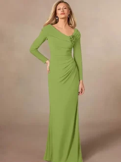 Robe de soirée pour mère de la mariée col en v manches longues sirène plissée longueur au sol robes d'invitées de mariage