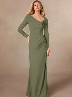 Robe de soirée pour mère de la mariée col en v manches longues sirène plissée longueur au sol robes d'invitées de mariage