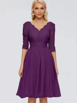 Robe de soirée pour mère de la mariée col en v demi-manches courte en dentelle longueur aux genoux robes d'invitées de mariage