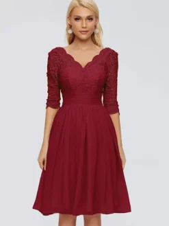 Robe de soirée pour mère de la mariée col en v demi-manches courte en dentelle longueur aux genoux robes d'invitées de mariage