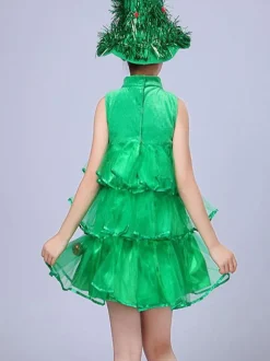 Robe de soirée pour Noël vert Santa Tree Polyester Fiber Hat Dress Costumes de vacances de Noël Ensemble complet