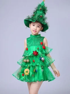 Robe de soirée pour Noël vert Santa Tree Polyester Fiber Hat Dress Costumes de vacances de Noël Ensemble complet